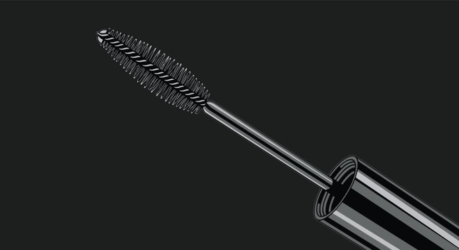 Close-up illustration of a black mascara wand and brush extending from its tube against a dark grey background for beauty product concept.