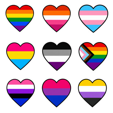 LGBTQ Pride Heart Icons Bundle Set Rainbow Lesbian Trans Pansexual Bisexual Asexual Nonbinary Genderfluid Progress Flag Vector