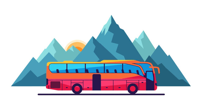Red tour bus in front of mountains scenic travel illustration silhouette