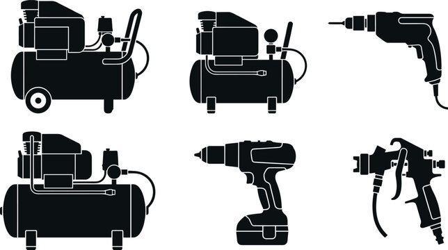 Power Tools Silhouette Icon Set with Air Compressors, Electric Drills, and Spray Gun Equipment for Industrial Workshop and Construction Designs