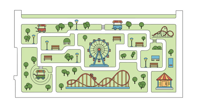 Colorful top down map of an amusement park features various attractions such as a Ferris wheel, roller coaster, and pathways.