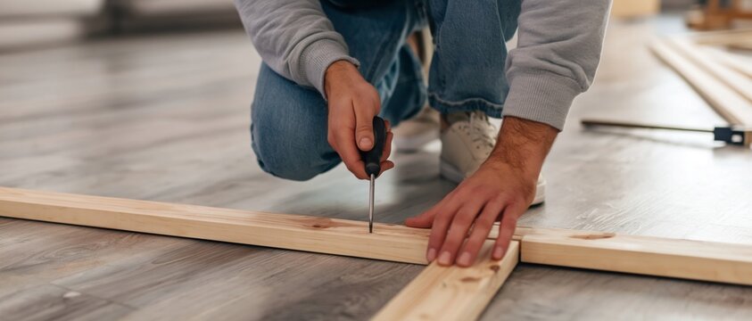 Person assembling flat-pack furniture using a screwdriver on wooden planks