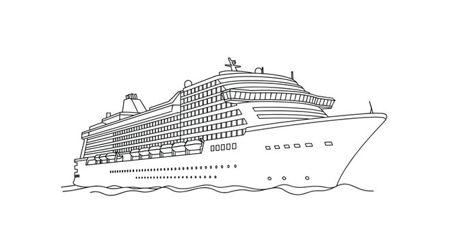 Large luxury cruise ship line art illustration on water waves representing travel vacation and maritime tourism industry.