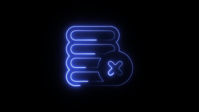 Neon blue icon of a stack of horizontal bars with a circle and x