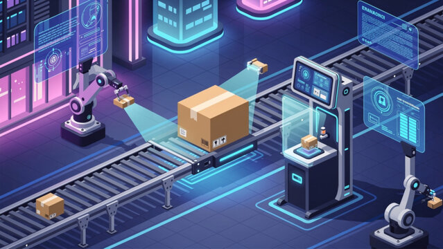 Futuristic robotic factory with conveyor belt, automated sorting and digital displays