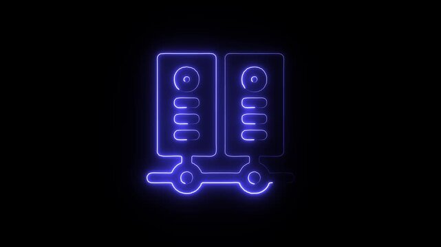 Neon blue glowing server towers on a dark background with wheels