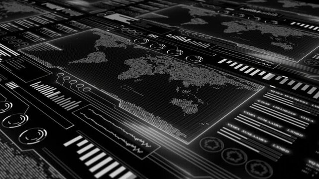 white color HUD animation world map with binary code complex data hi tech design black technology background