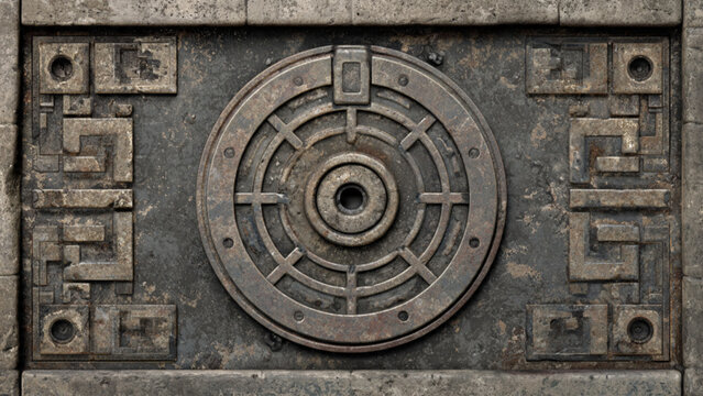 Close-up of ancient circular metal lock with geometric patterns on stone surface for security and architecture