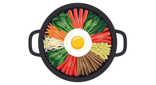 Traditional korean bibimbap dish in stone bowl with fried egg rice and colorful mixed vegetables seen from top view.