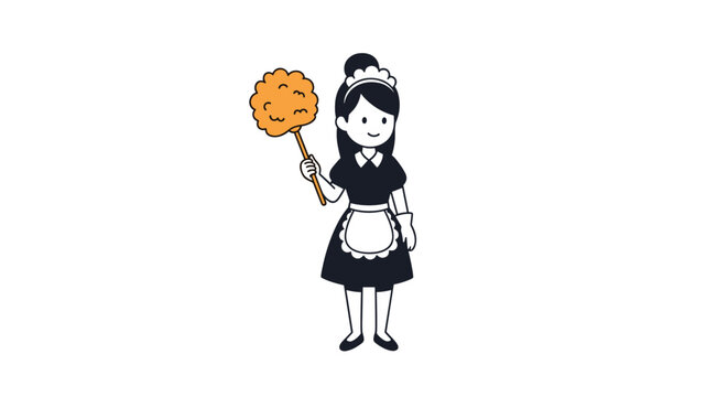 Professional maid character in black and white uniform holding feather duster for domestic housekeeping and cleaning service.