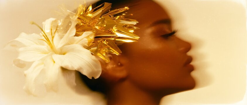 Surreal fashion portrait of a woman with a golden abstract accessory and white flower