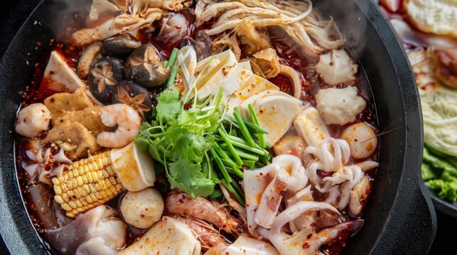 Steaming hot malatang bowl filled with diverse ingredients and rich broth