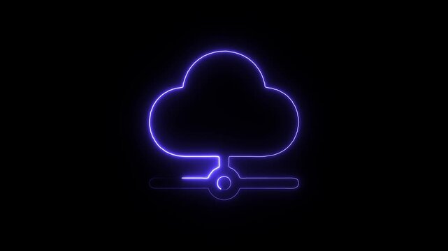Neon blue cloud computing symbol with glowing outline on black background