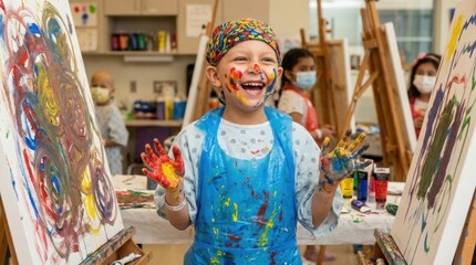 Naklejka premium A young boy with cancer covered in paint, laughing joyfully while finger-painting on a canvas during an art therapy session.