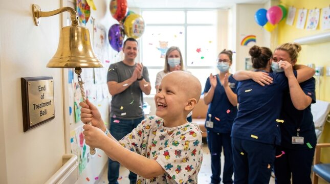 A joyful bald young boy ringing the end-of-treatment bell in a pediatric hospital while staff and parents cheer.