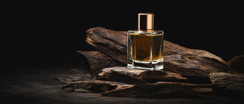 Luxurious oud perfume bottle displayed on dark, textured wood pieces