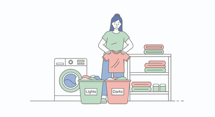 Fototapeta premium Woman sorting laundry into lights and darks bins next to washing machine