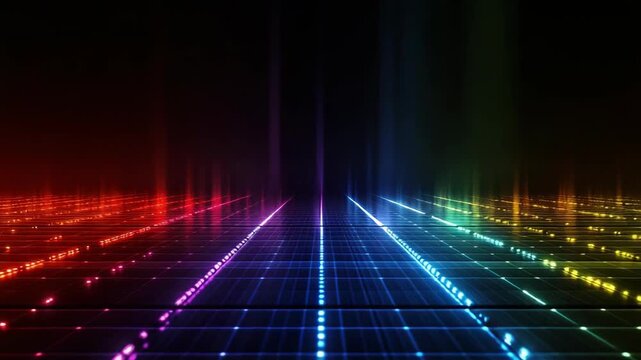 Bright lights and lines create a colorful pattern in a digital space. The display shifts colors and moves in a rhythmic way during the night. A visual treat in a virtual setting