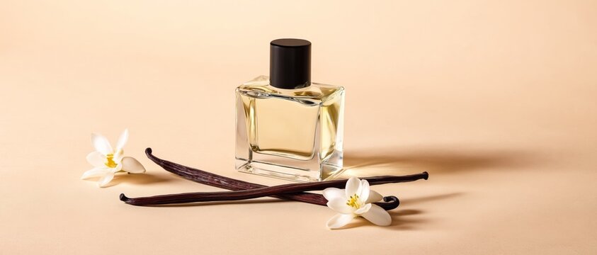 Elegant perfume bottle with vanilla pods and delicate white flowers on beige