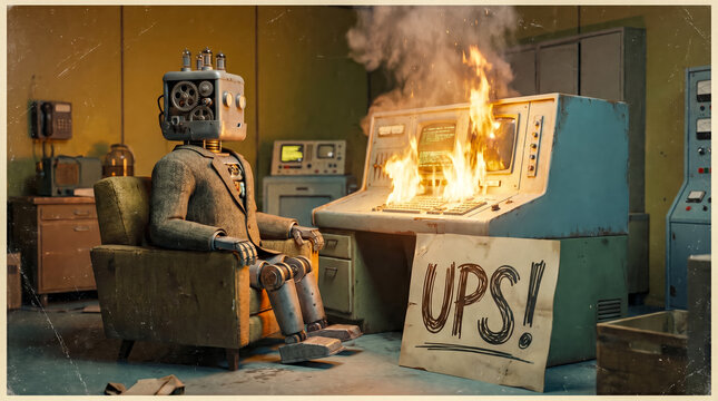 A robot sitting in a chair in front of a computer with a sign that says UPS!