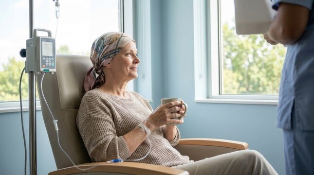 A calm and hopeful woman wearing a headscarf looking out the window while receiving chemotherapy treatment.