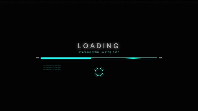 Futuristic loading bar with glowing blue digital interface elements on a dark black background