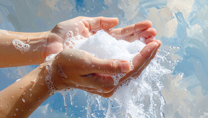 Fototapeta premium Hands rubbing together with soap bubbles and water splashes hygiene and health