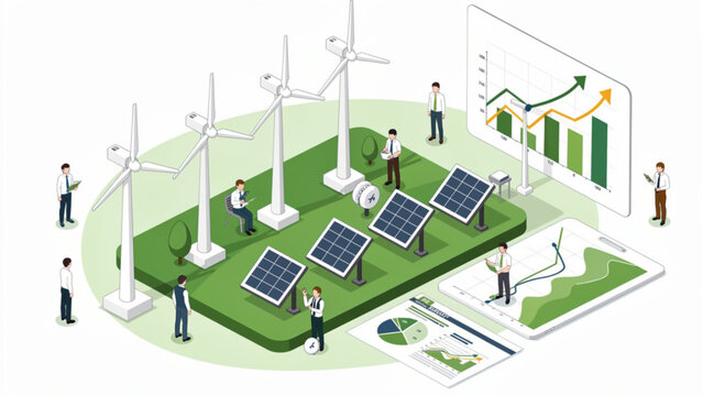 Renewable energy concept: wind turbines, solar panels, and business growth chart