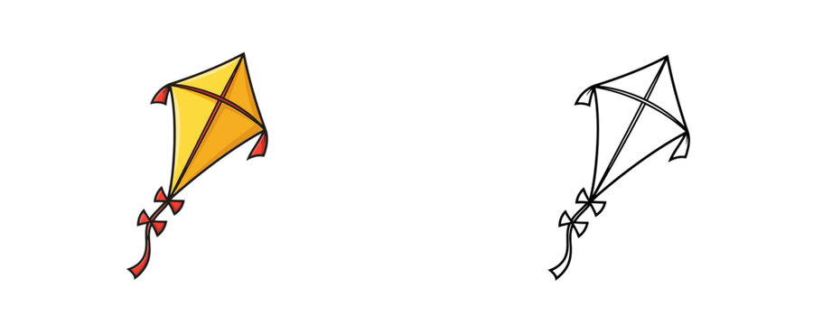 Color and line art flying toy kite cartoon illustration featuring yellow and red colors used for active summer wind beach games or outdoor children festivals