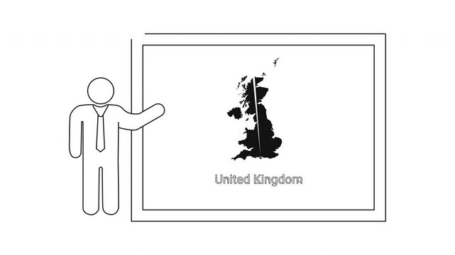 Presentation of United Kingdom Map by a Stylized Person.