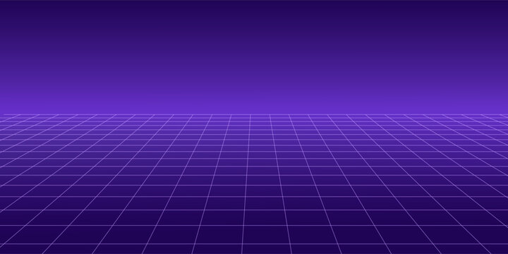 Purple glow neon wireframe background. Dark shining checkered grid floor plane in perspective. Bright retro futuristic horizon wallpaper. Arcade game sci fi matrix landscape surface. Vector backdrop