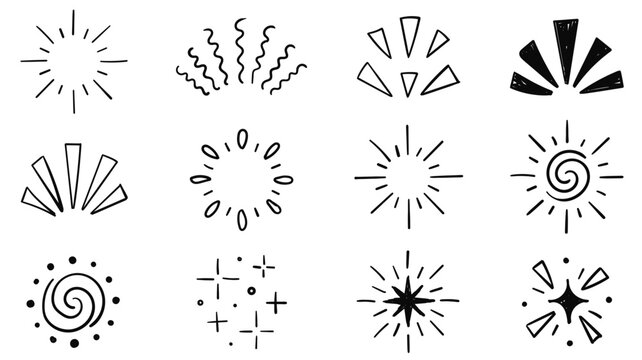 A set of hand drawn doodle burst and sparkle elements including sunbursts, stars, triangles, wavy lines, and swirls. Use for emphasis, attention, or decorative design touches.