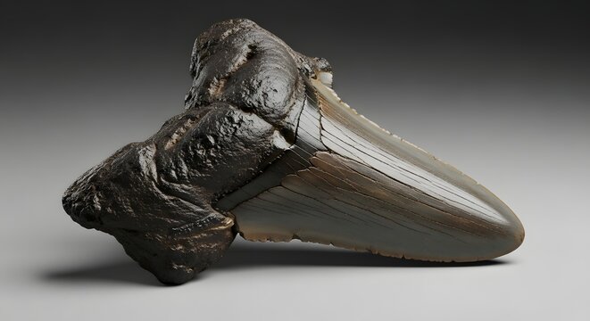 Ancient Megalodon Tooth Fossil Displayed on a Neutral Background.