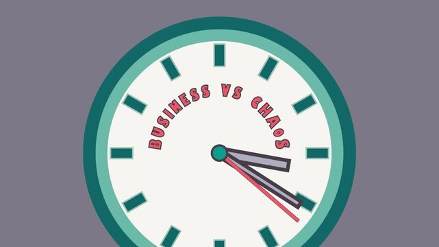 An animated clock face displays the phrase Business versus Chaos as time passes, highlighting the constant struggle in daily operations