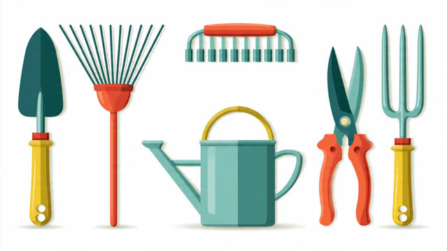 Colorful gardening tools set with watering can and shears ideal for outdoor maintenance
