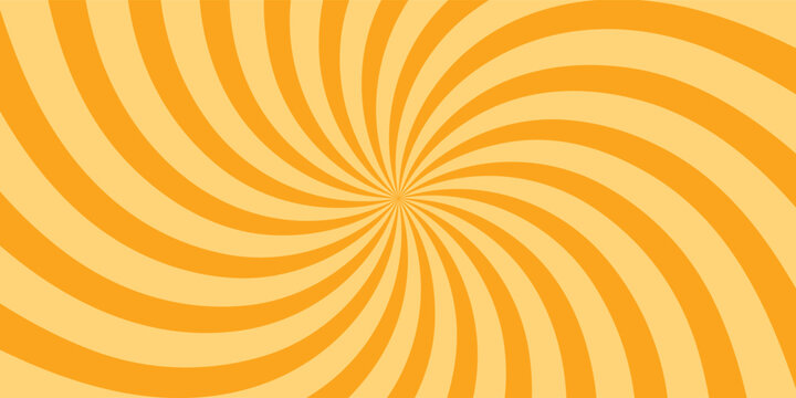 Orange stripes burst lines background. Sun ray light. Radiate sunlight. Vintage stripes halftone radial wallpaper for poster, banner.Circus background of spiral yellow orange rays vector.