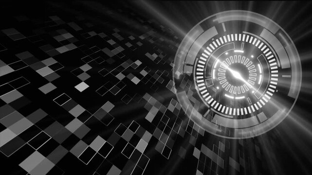 white color rotating glowing HUD animation with appearing and disappearing rectangular shapes hi tech seamless design black geometrical background