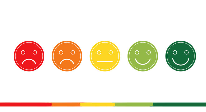 Five colorful circular emoticon faces showing a row of different expressions and moods.