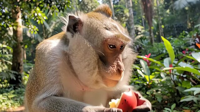 Long-tailed macaque eating a red fruit in the tropical jungle