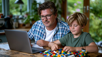 Obraz premium Father and son workation scene at a rustic kitchen table, dad answering emails while son arranges LEGO bricks beside the laptop, summer garden visible through open doors, ideal for remote work famil
