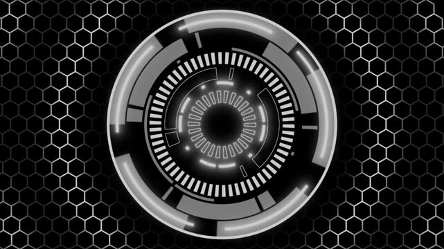 white color rotating HUD animation with hexagonal shapes futuristic design loopable black technology background