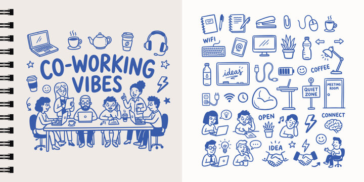 Coworking space doodle set featuring people at desks, office supplies, and business icons