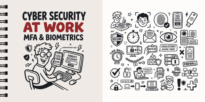 Cyber security at work doodle illustration featuring MFA biometrics and authentication icons