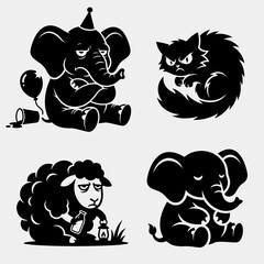Obraz premium Set of cute grumpy elephant and tired sheep mascot characters with funny angry fluffy cat expressions black vector silhouettes for stickers design