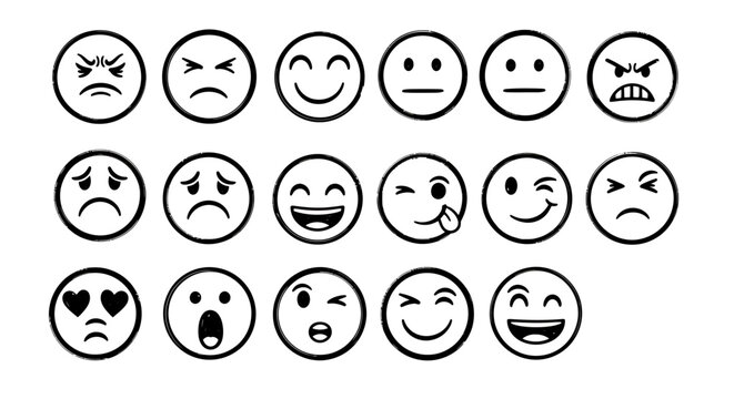 Set of twenty-four monochrome emoticon faces with varied expressions and moods.