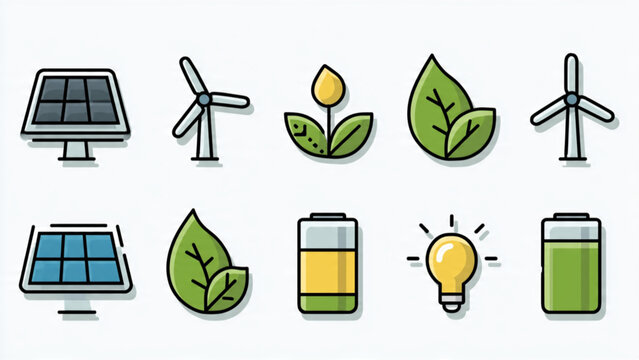 Collection of renewable energy icons including solar, wind, leaves, and eco-friendly symbols