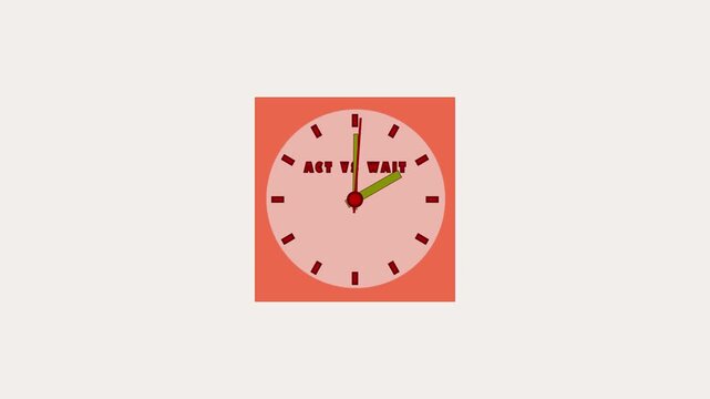 A digital graphic illustrates a clock on an orange background that progressively zooms in. The textual elements on the clock face change from ACT V WAIT to ACT V WAIO