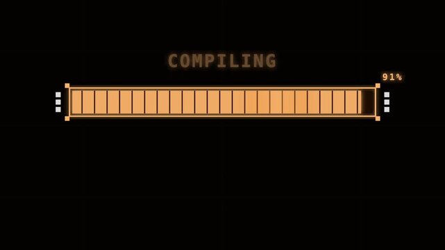 Compiling progress bar loading interface with orange glow on a dark black background