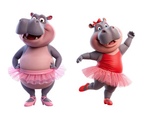 Fototapeta premium Cute funny cartoon hippo ballerina isolated on transparent background