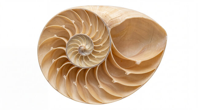 Warm cream chambered snail shell spiral tilted on white